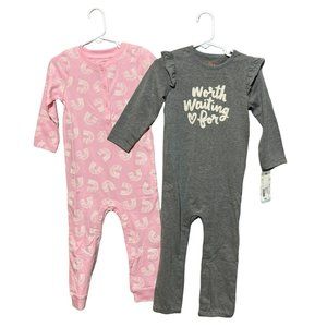 Cat and Jack Baby Girl 24 m 2pk Adaptive Rompers 'Worth Waiting For' Pink Gray